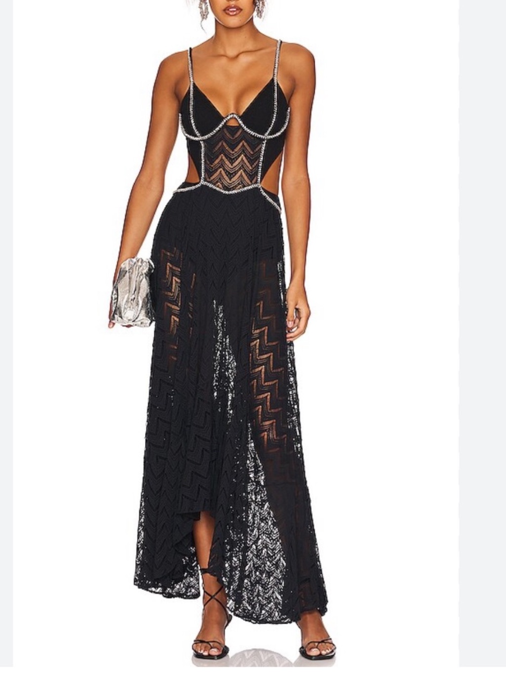 Patbo X Alessandra Ambrosio Hand Beaded Bustier Maxi Dress Black Cut Out 12